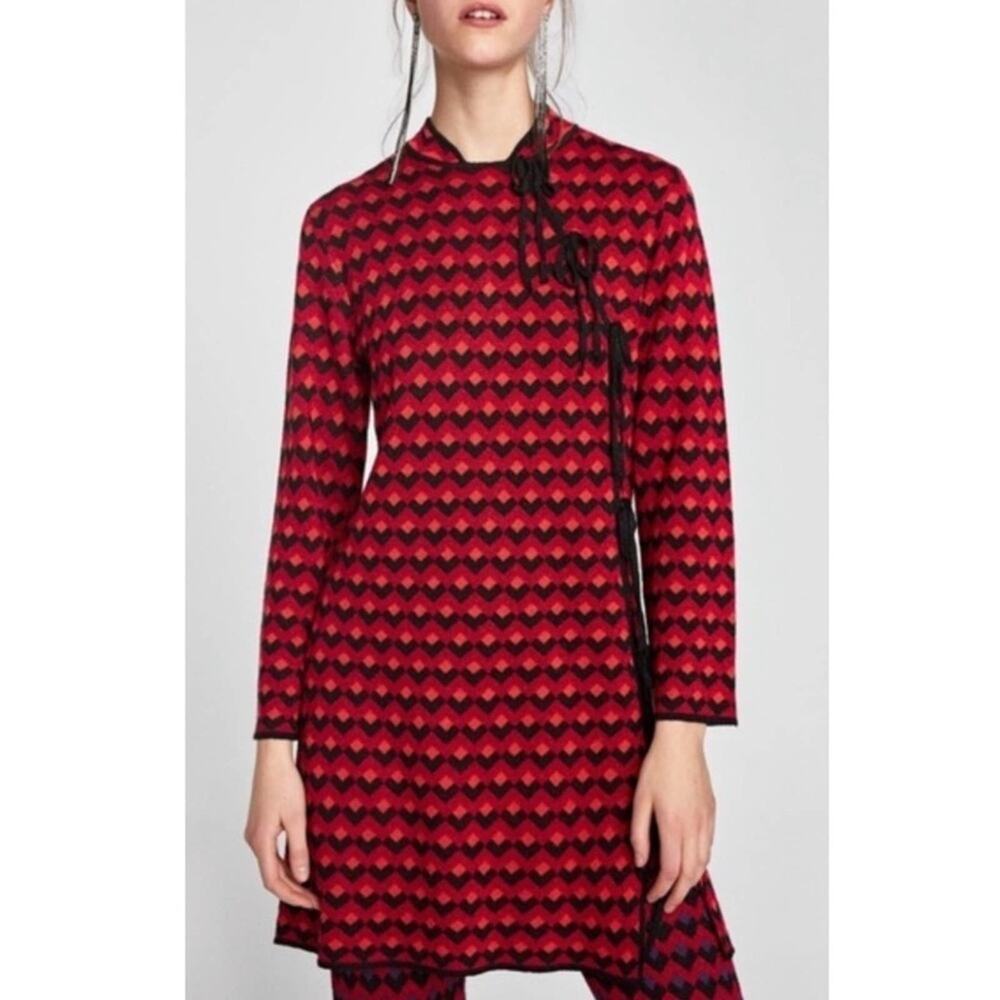 Zara Knit Red Metallic Thread Chevron Mandarin Tie Dress